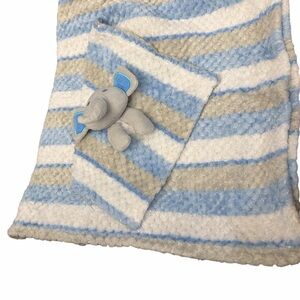 Plush Striped Blue & Gray Baby Blanket with Elephant Blankly